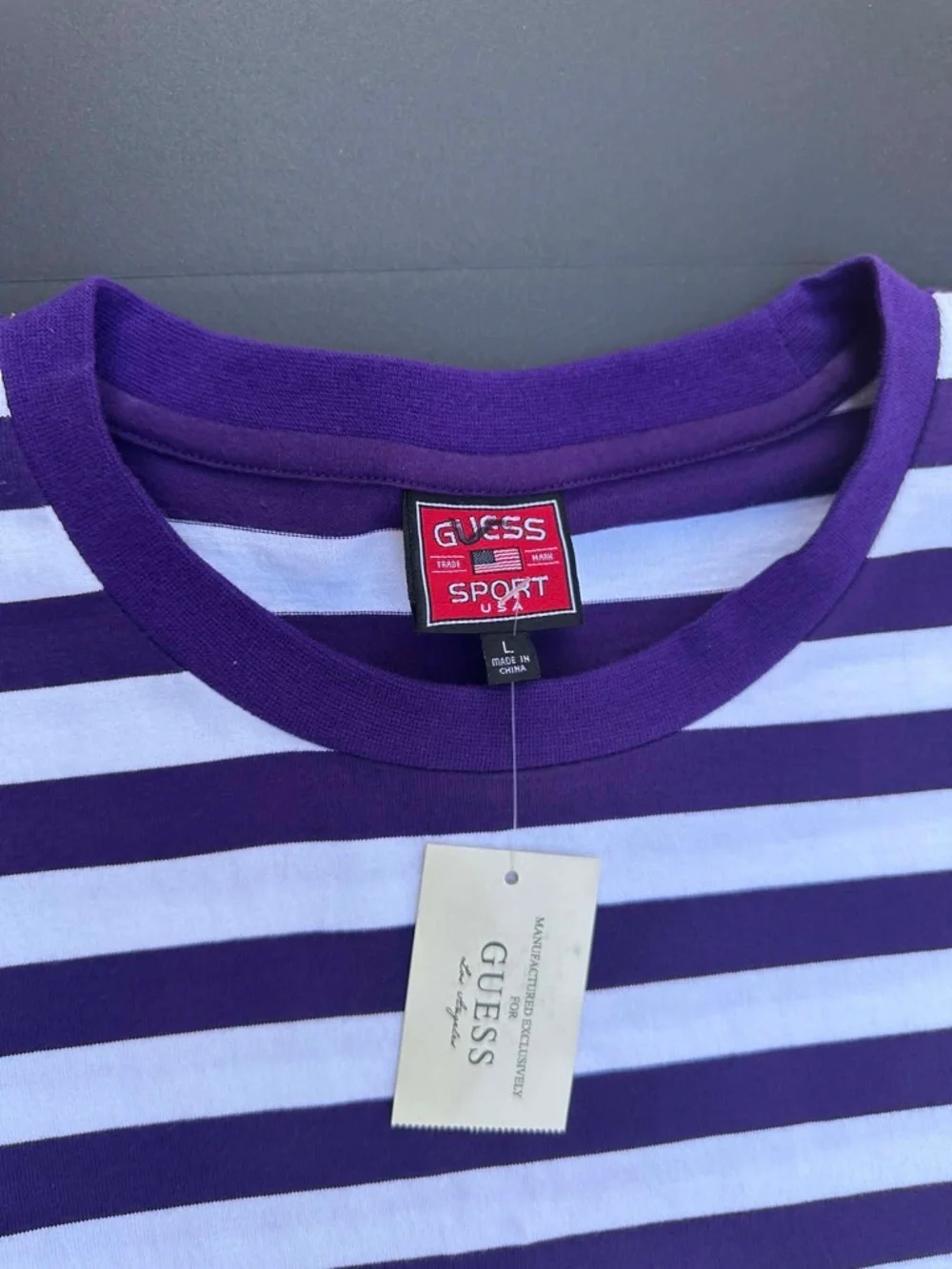 Guess Purple and White Striped Crewneck Tee - Picture 3 of 5